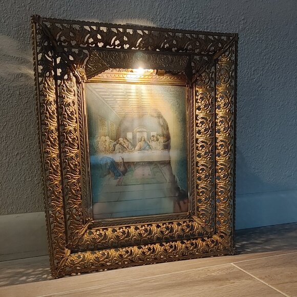 Vintage 1950s Lenticular Lighted Metal Frame Jesus the Last Supper Art - Picture 7 of 8